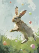 Springend konijn tussen kleurrijke bellen