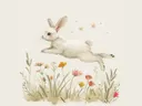 Illustratie van een wit konijn dat springt boven een weide met wilde bloemen