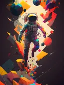 Springende astronaut in popart, popart astronaut tussen geometrische vormen