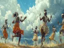 Groep krijgers springt in traditionele dans onder wolkenlucht