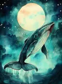 Springende walvis onder een volle maan en sterrenhemel boven zee