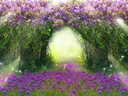 Digitale illustratie van een tunnel gevormd door paarse bloesemtakken met fonkelend magisch licht.