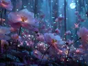 Schilderij van een magisch bos met lichtgevende roze bloemen en vlinders.