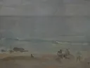 St. Ives. The Beach (1884) y267 van James McNeill Whistler: zee met strand, zee, figuren en grijs weer, in gedempt grijsblauw