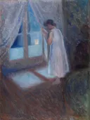 St. Mary's with Houses and Chimney (Bonn) van Edvard Munch: figuren met meisje, raam, nacht en gordijn, in blauw en wit