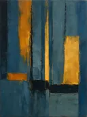 Abstract schilderij met het paletmes in staalblauw en amber