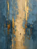 Abstract schilderij met het paletmes in staalblauw en goud