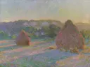 Stacks of Wheat (End of Summer) van Claude Monet: landschap met hooibergen, veld, zomer en bomen, in roze en lila met okergeel