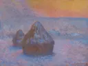 Stacks of Wheat (Sunset, Snow Effect) van Claude Monet: landschap met hooibergen, sneeuw, winter en zonsondergang, in roze en paars