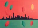 Schilderij van stad bij nacht in koraalrood en zeegroen