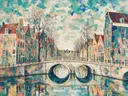 Schilderij: stad brug in fel jade met smaragd