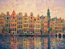 Schilderij: stad grachtenpanden in fel koraal met geel