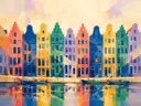 Schilderij: stad grachtenpanden in fel koraal