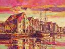 Schilderij: stad haven in fel magenta met groen