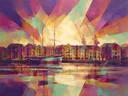Schilderij: stad haven in fel magenta