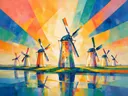 Schilderij: stad molens in fel koraal