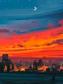 Schilderij van stad onder wassende maan
