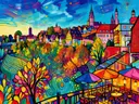 Stadsgevels in kleurvlakken in bonte kleuren, schilderij