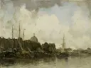 Stadsgezicht met koepelkerk van Jacob Maris: stad met koepelkerk, stad, water en schepen, in gedempt grijsblauw
