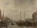 Stadsgezicht van Jacob Maris: stad met schepen, haven, masten en water, in gedempt grijsbruin