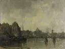 Stadsgezicht van Jacob Maris: stad met stad, water, schepen en wolken, in gedempt grijs