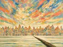 Stadsgracht met huizenrij in fel koraal, landschap schilderij
