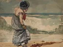 Startled van Winslow Homer: figuren met strand, vrouw, hoed en water, in licht grijsblauw