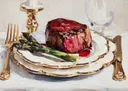 Gegrilde steak met groene asperges op een goudranden bord bij kaarslicht