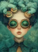 Illustratie van een meisje met steampunk goggles en gouden krulspelden in het haar, omgeven door turquoise rook