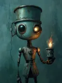 Turquoise steampunk-robot met een gloeiend oog, koptelefoon en een brandende kaars in de hand