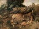 Steengroeve van Chaise-Marie in Fontainebleau van Jean-Baptiste-Camille Corot: landschap met rotsen, steengroeve, bomen en bos, in warm bruin en groen