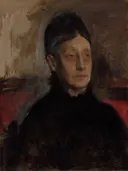 Stefanina Primicile Carafa, Marchioness of Cicerale and Duchess of Montejasi van Edgar Degas: portret met vrouw, zwarte jurk, donker en oud, in donker bruin en rood