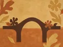Schilderij van stenen brug in terracotta en zand, in vlakke kleurvlakken