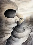 Surrealistisch schilderij van meerdere stenen gezichten in profiel die overgaan in een canyon-landschap