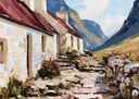 Landschapsschilderij van witte huisjes met rode daken in een bergdal