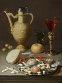 Stenen kan, berkemeier en glas op een bekerschroef, met suikergoed op een zilveren schaal van David Rijckaert: stilleven