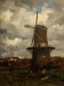 Stenen molen van Jacob Maris: landschap met molen, wolken, heuvel en avond, in donkerbruin en grijs