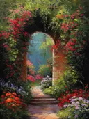 Botanisch schilderij van een stenen poort met rode bloemen