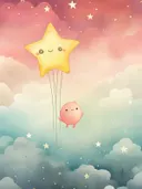 Illustratie van een lachende ster als ballon en een rond roze figuurtje tussen wolken en sterren.