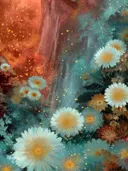 Schilderij van sterbloemen bij een waterval met warme en koele kleuren