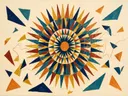 Sterburst-mandala in de stijl Modern Bauhaus, in gedurfd marineblauw, mosterdgeel, warm oranje, baksteenrood en petrolblauw