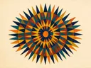 Sterburst-mandala in de stijl Modern Bauhaus, in gedurfd marineblauw, mosterdgeel, warm oranje, baksteenrood en petrolblauw