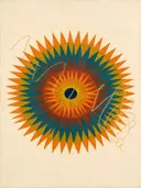 Sterburst-mandala in de stijl Modern Bauhaus, in gedurfd marineblauw, mosterdgeel, warm oranje, baksteenrood en petrolblauw