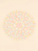Sterburst-mandala in de stijl Modern Bauhaus, in zacht pastelroze, bleek poederblauw, romige crème en zacht pastelgeel