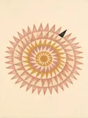 Sterburst-mandala in de stijl Modern Bauhaus, in warm oker, zachte crème en verstoft roze, met een diepzwart accent