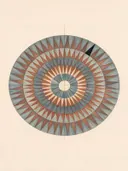 Sterburst-mandala in de stijl Modern Bauhaus, in gedempt blauwgrijs, romige crème en terracotta, met een diepzwart accent