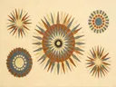 Sterburst-mandala in de stijl Modern Bauhaus, in gedempt blauwgrijs, romige crème en terracotta, met een diepzwart accent