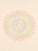 Sterburst-mandala in de stijl Modern Bauhaus, in zacht pastelroze, bleek poederblauw, romige crème en zacht pastelgeel