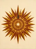 Sterburst-mandala in de stijl Modern Bauhaus, in diep roest, mosterdgeel en romige crème, met een diepzwart accent
