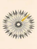 Sterburst-mandala in de stijl Modern Bauhaus, in grafiet, zilvergrijs en bleek been, met een mosterdgeel accent